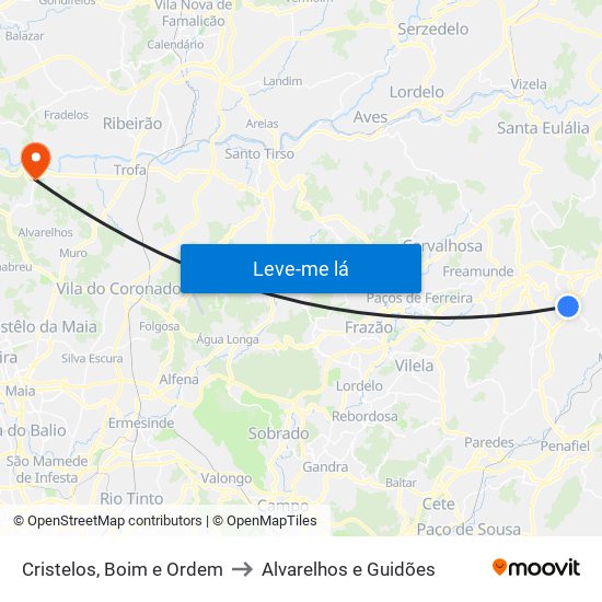 Cristelos, Boim e Ordem to Alvarelhos e Guidões map
