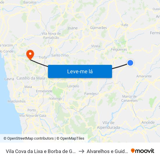 Vila Cova da Lixa e Borba de Godim to Alvarelhos e Guidões map