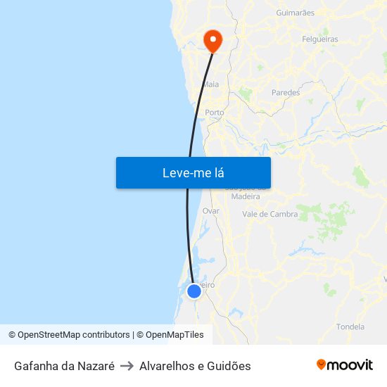 Gafanha da Nazaré to Alvarelhos e Guidões map