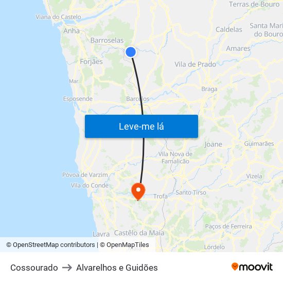 Cossourado to Alvarelhos e Guidões map