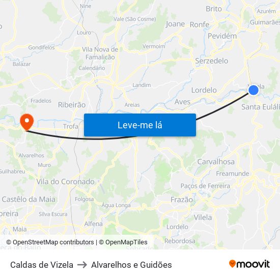 Caldas de Vizela to Alvarelhos e Guidões map