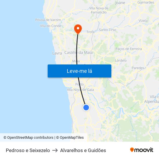 Pedroso e Seixezelo to Alvarelhos e Guidões map