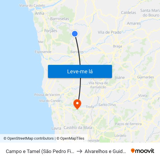 Campo e Tamel (São Pedro Fins) to Alvarelhos e Guidões map