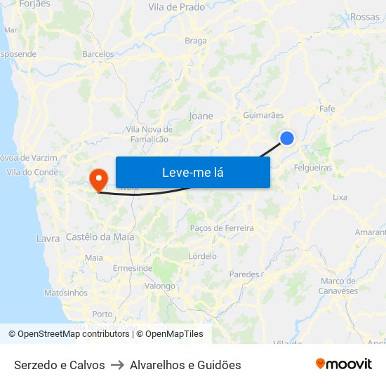 Serzedo e Calvos to Alvarelhos e Guidões map