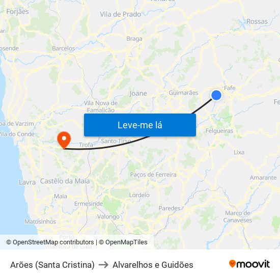 Arões (Santa Cristina) to Alvarelhos e Guidões map