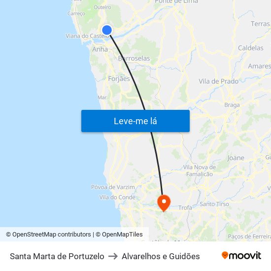 Santa Marta de Portuzelo to Alvarelhos e Guidões map