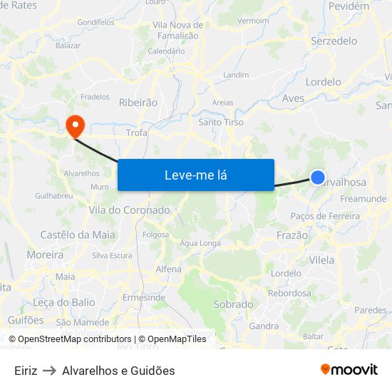 Eiriz to Alvarelhos e Guidões map