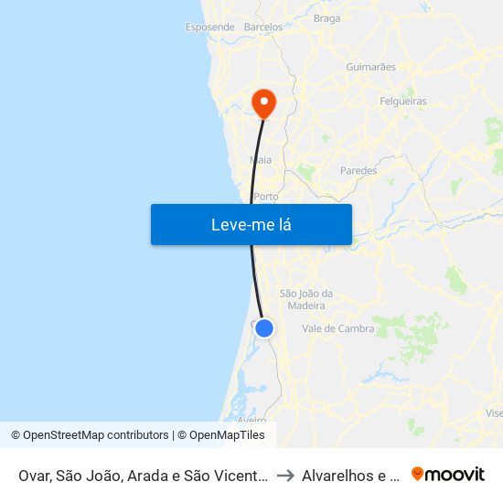 Ovar, São João, Arada e São Vicente de Pereira Jusã to Alvarelhos e Guidões map