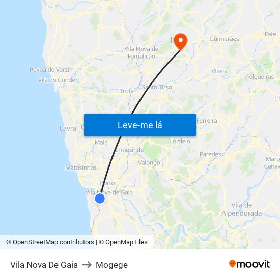 Vila Nova De Gaia to Mogege map