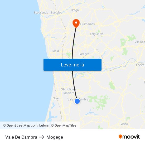 Vale De Cambra to Mogege map