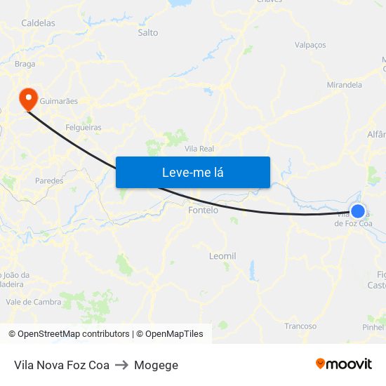 Vila Nova Foz Coa to Mogege map