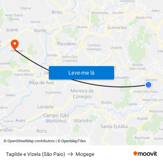 Tagilde e Vizela (São Paio) to Mogege map