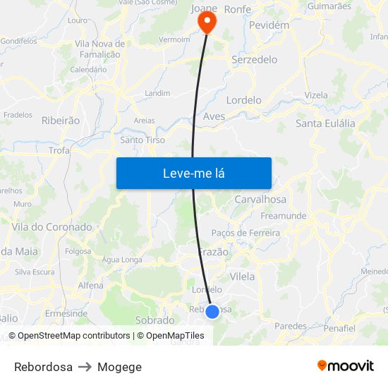 Rebordosa to Mogege map