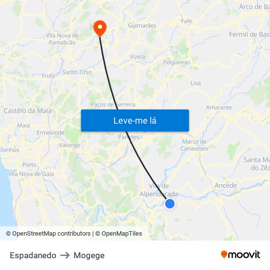 Espadanedo to Mogege map