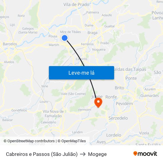 Cabreiros e Passos (São Julião) to Mogege map