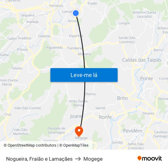 Nogueira, Fraião e Lamaçães to Mogege map