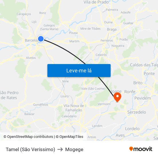 Tamel (São Veríssimo) to Mogege map