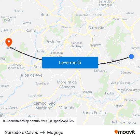 Serzedo e Calvos to Mogege map