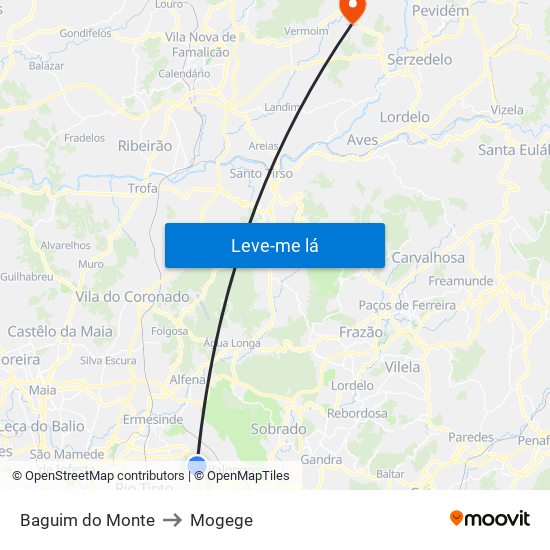 Baguim do Monte to Mogege map
