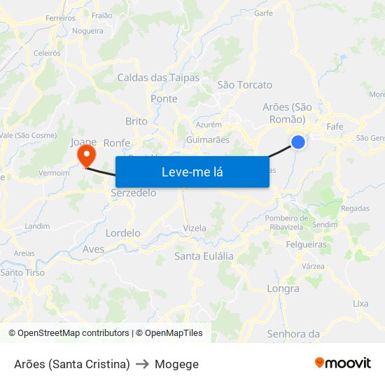 Arões (Santa Cristina) to Mogege map
