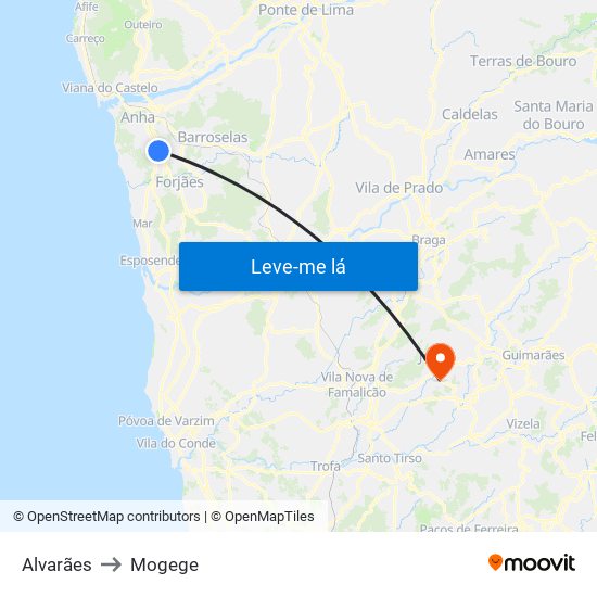 Alvarães to Mogege map