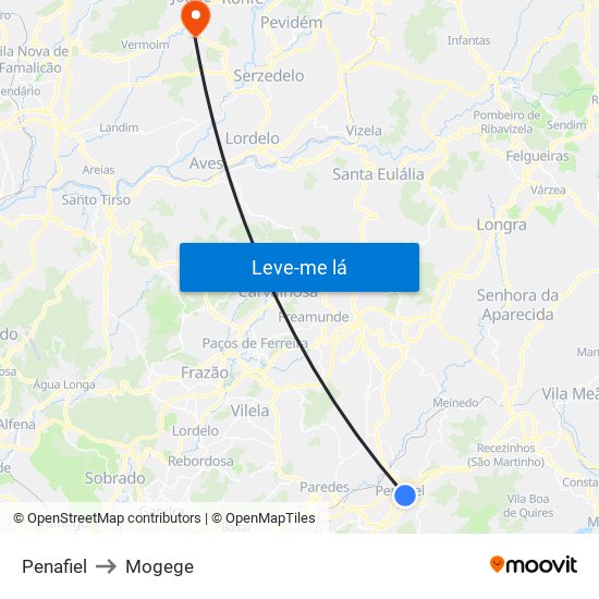Penafiel to Mogege map
