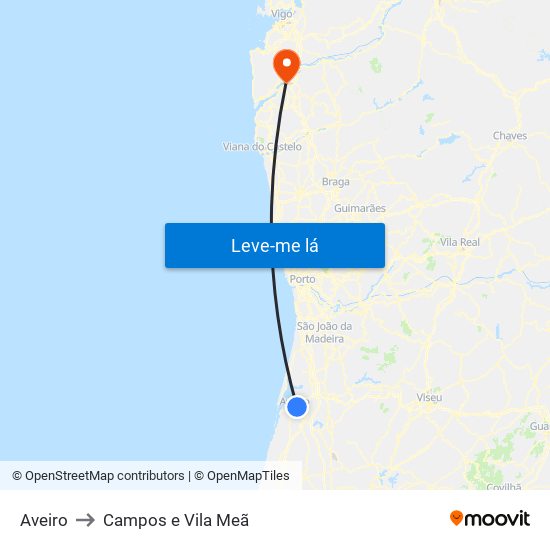 Aveiro to Campos e Vila Meã map