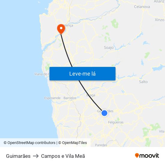 Guimarães to Campos e Vila Meã map