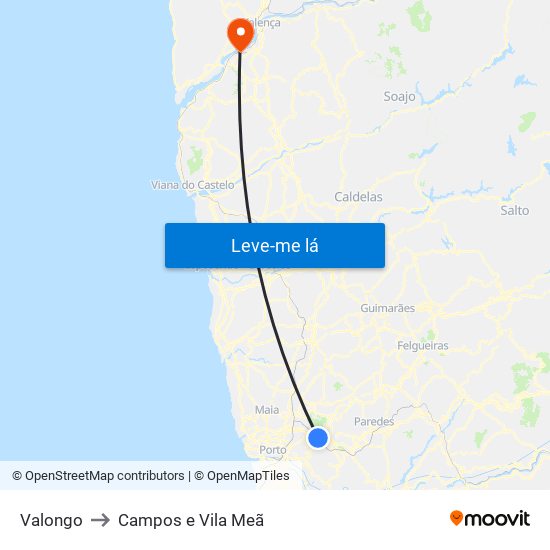 Valongo to Campos e Vila Meã map