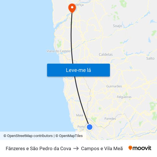 Fânzeres e São Pedro da Cova to Campos e Vila Meã map