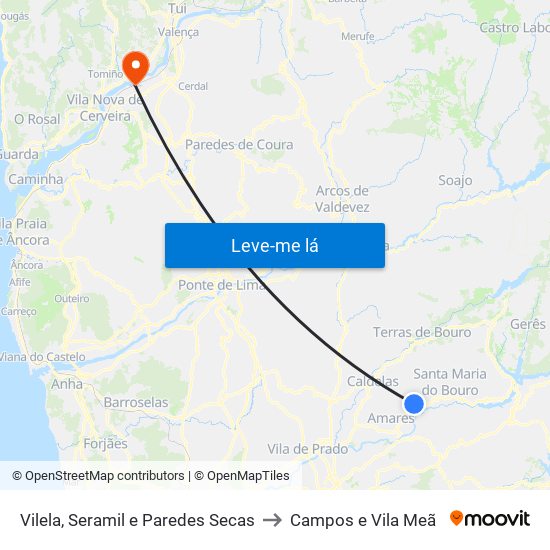 Vilela, Seramil e Paredes Secas to Campos e Vila Meã map