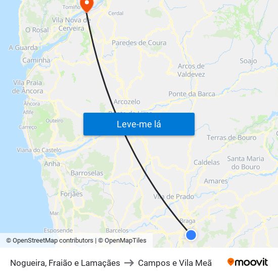 Nogueira, Fraião e Lamaçães to Campos e Vila Meã map