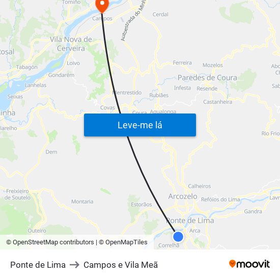 Ponte de Lima to Campos e Vila Meã map