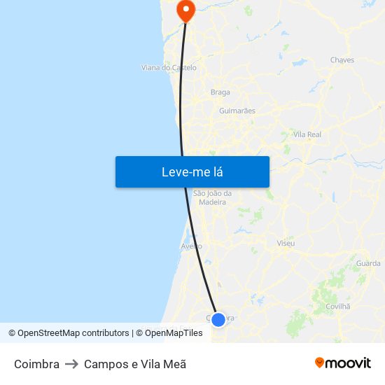 Coimbra to Campos e Vila Meã map