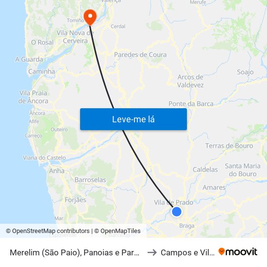 Merelim (São Paio), Panoias e Parada de Tibães to Campos e Vila Meã map