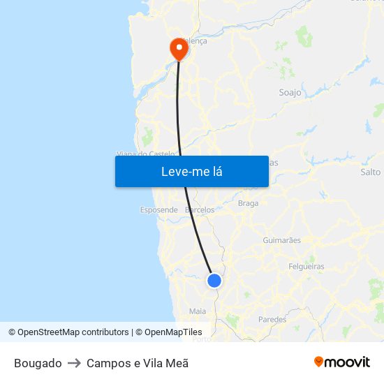 Bougado to Campos e Vila Meã map