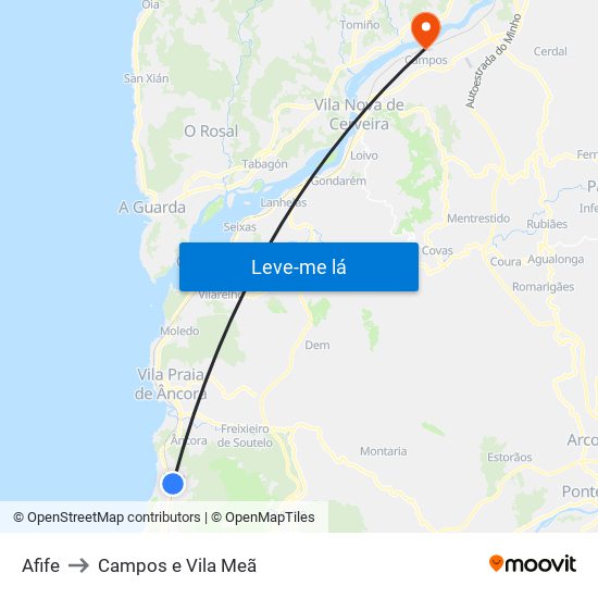 Afife to Campos e Vila Meã map