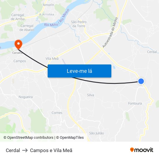 Cerdal to Campos e Vila Meã map