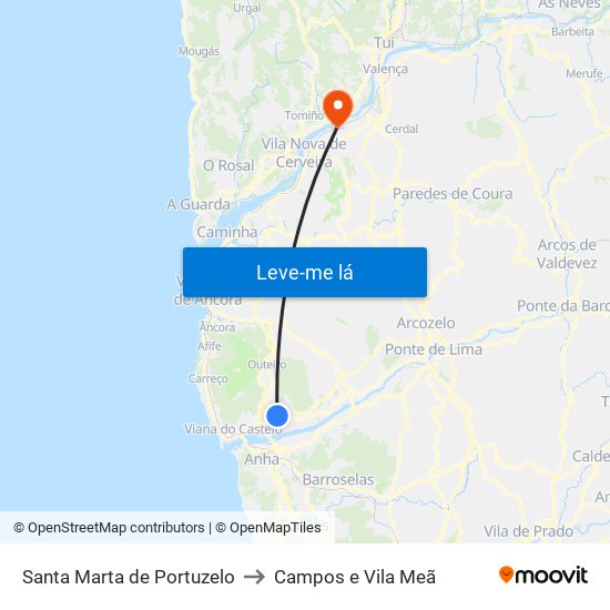 Santa Marta de Portuzelo to Campos e Vila Meã map