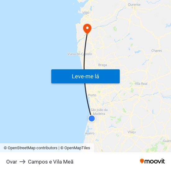 Ovar to Campos e Vila Meã map