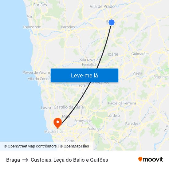 Braga to Custóias, Leça do Balio e Guifões map