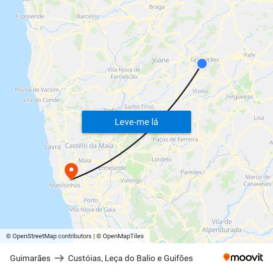 Guimarães to Custóias, Leça do Balio e Guifões map