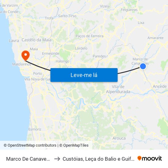 Marco De Canaveses to Custóias, Leça do Balio e Guifões map