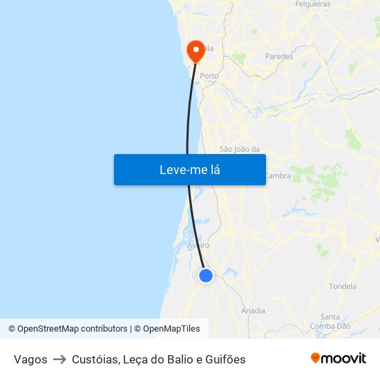 Vagos to Custóias, Leça do Balio e Guifões map