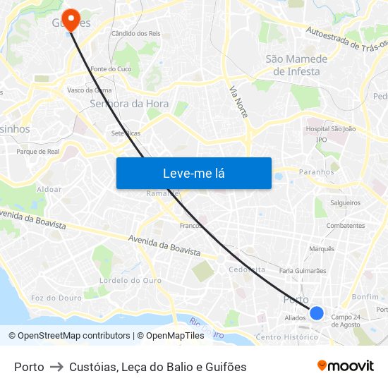 Porto to Custóias, Leça do Balio e Guifões map