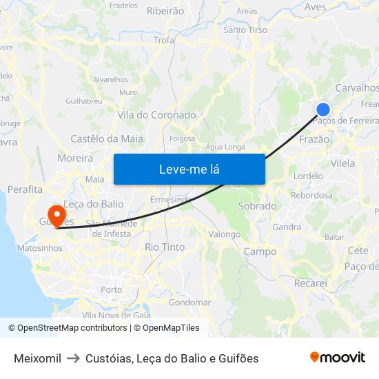 Meixomil to Custóias, Leça do Balio e Guifões map