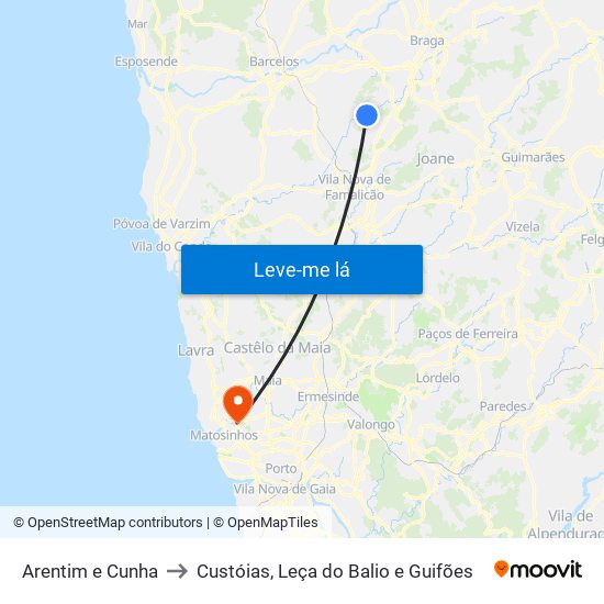 Arentim e Cunha to Custóias, Leça do Balio e Guifões map