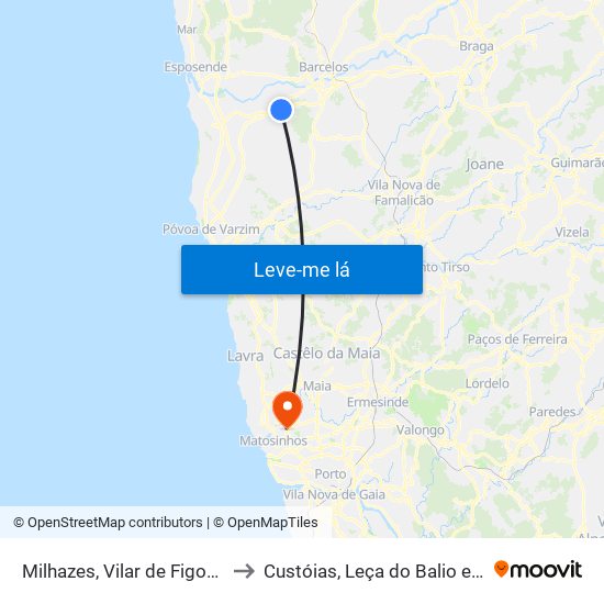 Milhazes, Vilar de Figos e Faria to Custóias, Leça do Balio e Guifões map