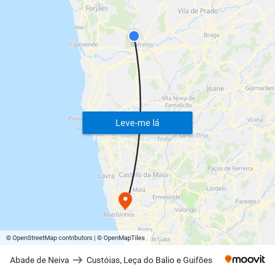 Abade de Neiva to Custóias, Leça do Balio e Guifões map