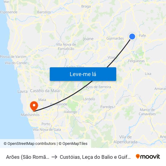 Arões (São Romão) to Custóias, Leça do Balio e Guifões map